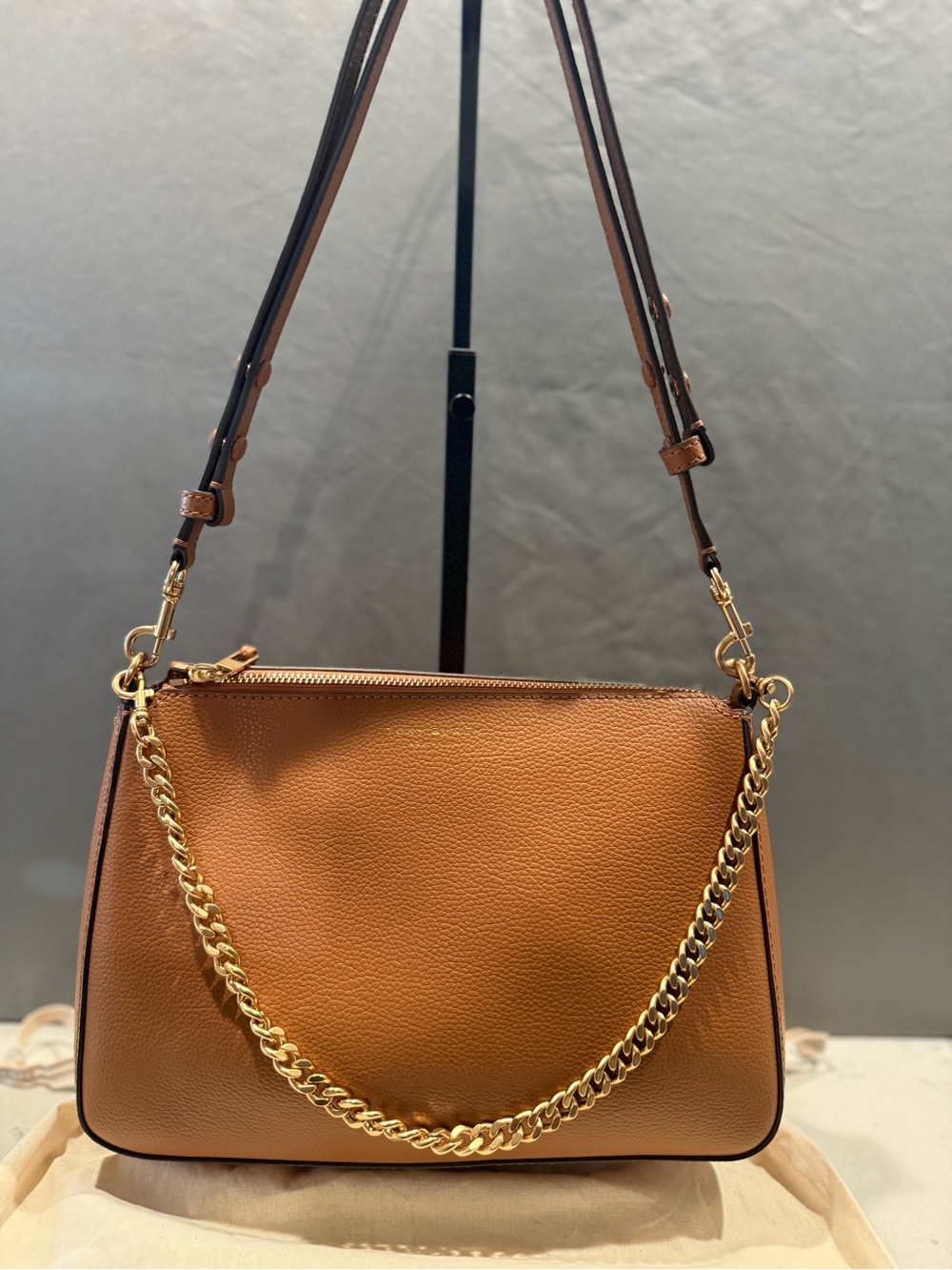 Tory Burch Chestnut Brown Leather Crossbody with Gold Chain
